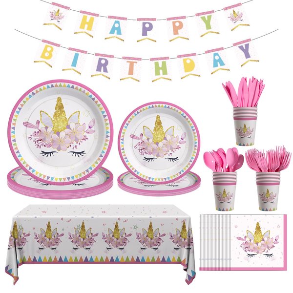 Cecnamt Unicorn Birthday Decorations for Girls, 170 Pcs Unicorn Party Supplies, Unicorn Party Decorations Including Banner, Plates, Cups, Napkins, Cutlery and Tablecloths, Serves 24