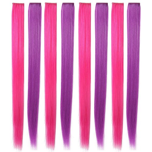Rhyme Pink Purple Hair Extensions for Girls 21 inch Highlight Princess Party Colored Hair Extensions Clip in/on for Girls and Kids Hair Accessories Wig Pieces 8PCS (Pink Purple)