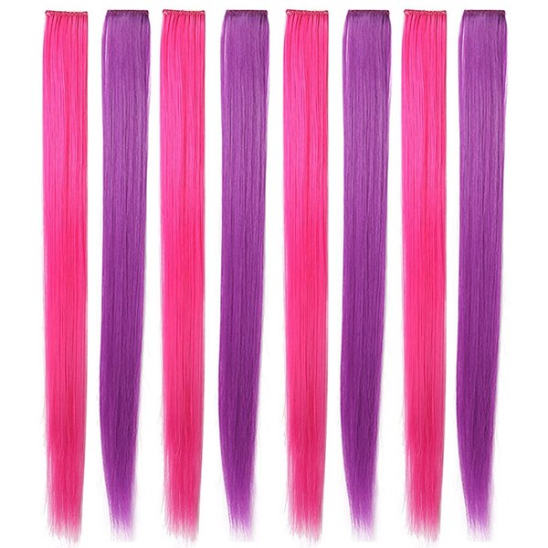 Rhyme Pink Purple Hair Extensions for Girls 21 inch Highlight Princess Party Colored Hair Extensions Clip in/on for Girls and Kids Hair Accessories Wig Pieces 8PCS (Pink Purple)