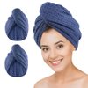 Microfiber Hair Drying Towel - 2Packs Waffle Long Hair Head Turban Wraps Terry Cloth Fast Absorbent Dry Anti Frizz Twist Plopping Curly Shower Turban for Women Wet Hair (Dark Blue)