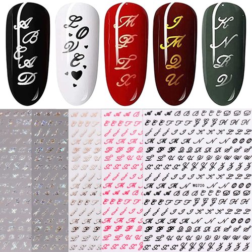 JMEOWIO 6 Sheets Glitter Old Letter Nail Art Stickers Decals Self-Adhesive Pegatinas Uñas English Alphabet Nail Supplies Nail Art Design Decoration Accessories