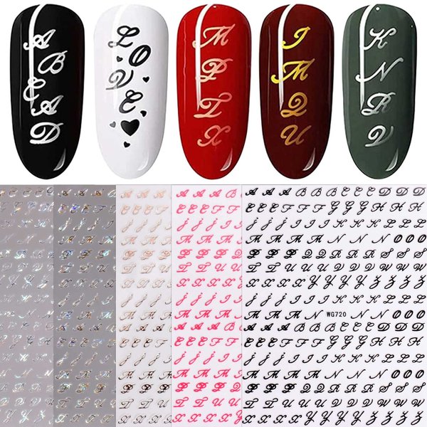 JMEOWIO 6 Sheets Glitter Old Letter Nail Art Stickers Decals Self-Adhesive Pegatinas Uñas English Alphabet Nail Supplies Nail Art Design Decoration Accessories