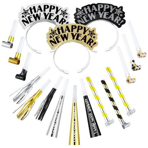 Lenwen 18 Pcs Happy New Years Eve Party Supplies 2025 Noise Makers New Year Headband Tiara Party Horn Blowers Whistles Fringed Noisemaker Novelty Favors for Adult New Years Eve Decoration(Multicolor)