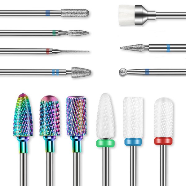 13PCS Nail Drill Bits Set, 3/32” Professional Drill Bits Nail Tech, Tungsten Carbide Diamond Ceramic Efile Nail Bits with Brush, Cuticle Remover Bits for Acrylic Gel Dip Powder Nail Manicure
