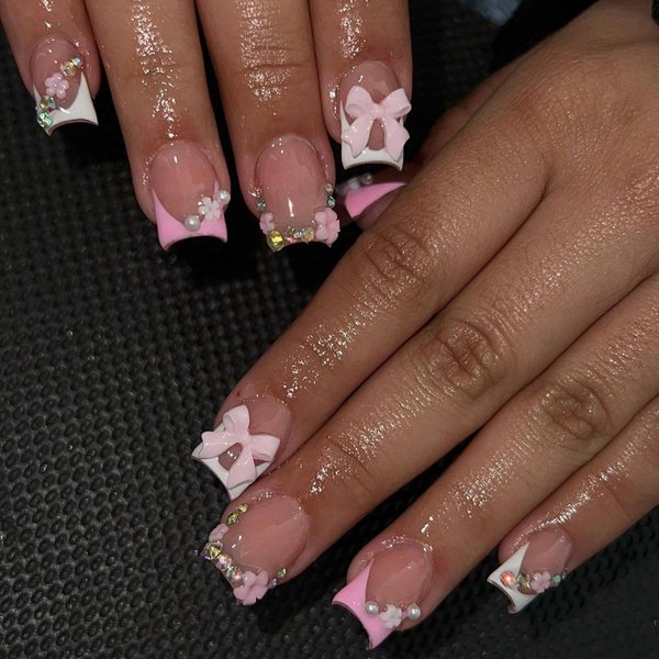 24 Pcs Pink Press on Nails Short Square - SHANRUN White French Fake Nails Press ons Nail Art Tip Glue on Nails Full Cover Artificial Acrylic False Nails Rhinestone Flower Bow Glitter Design for Women