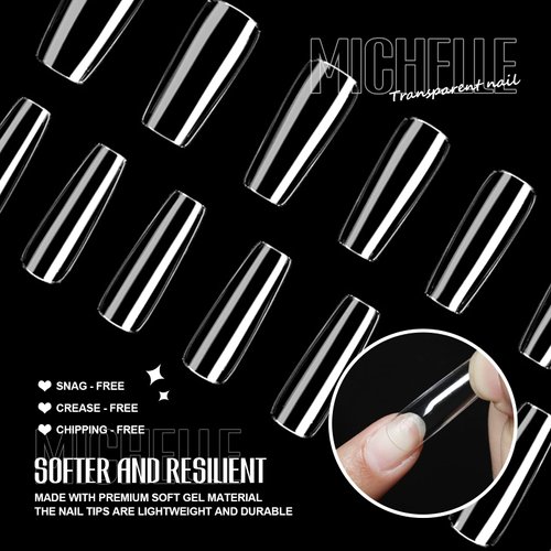 Michelle False Nails Tips 504pcs Long Square Press on Nails Pre-shape Gel Nail Tips for Full Cover Acrylic Nails Fake Nails For Nail Extension Home DIY Nail Salon Gelly Tips