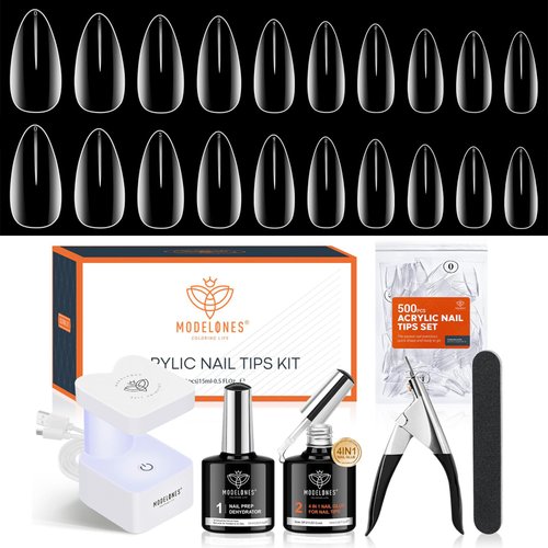 modelones Gel Nail Kit, 500Pcs Soft Gel Nail Tips Medium Almond Shape, 4-in-One Nail Glue Nail Prep Dehydrate & Portable Led Lamp Nail Clipper, Easy Nail Extension Set for Easter Nail Art