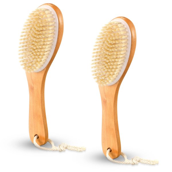 2 Pcs Dry Brushing Body Brush Natural Boar Bristle Body Brush Dry Skin Scrub Brushes with Contoured Wooden Dry Brushes for Back Legs Feet Exfoliates Dead Skin