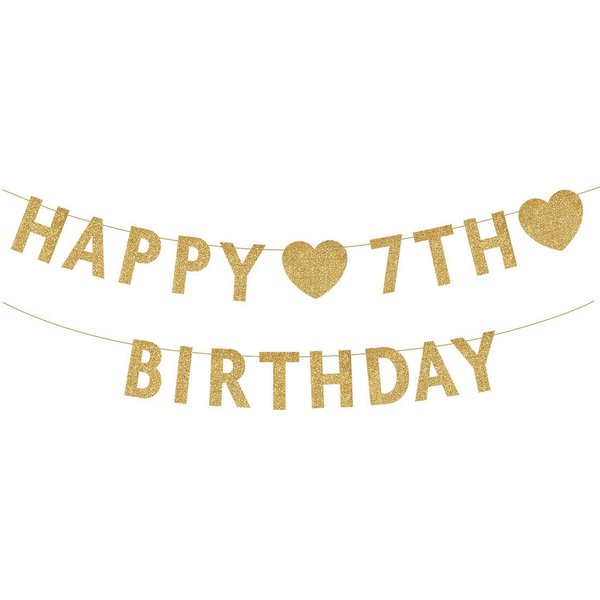 Gold Happy 7th Birthday Banner, Glitter 7 Years Old Boy or Girl Party Decorations, Supplies