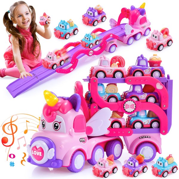 Toys for 1 2 3 Year Old Girls,7-in-1 Double Carrier Truck Unicorn Toys for Girls,Friction Power Toy Cars with Light & Sound,Princess Toys Christmas Birthday Gifts for Baby Toddler