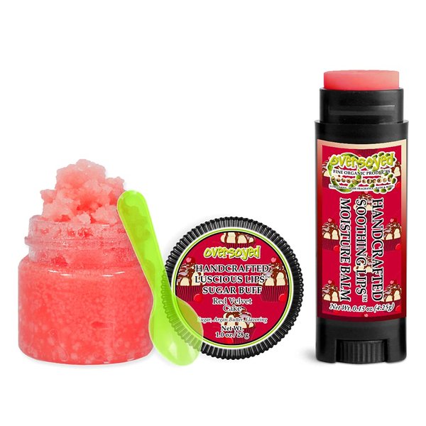 Red Velvet Cake Soothing & Luscious Lips by OverSoyed Exfoliator & Chapped Lip Repair Lip Care Combo | Artisan Handcrafted to Order Moist Chocolate Cake Vanilla Sugary Frosting Flavored Exfoliating Sugar Lip Scrub & Lip Moisturizer Balm Gift Set