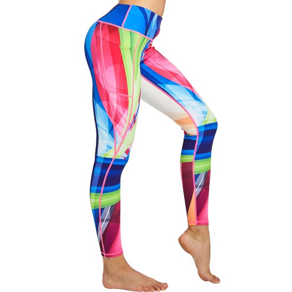 COOLOMG Women's Yoga Leggings Workout Tights Running Pants with Side Pockets Rainbow Pattern S
