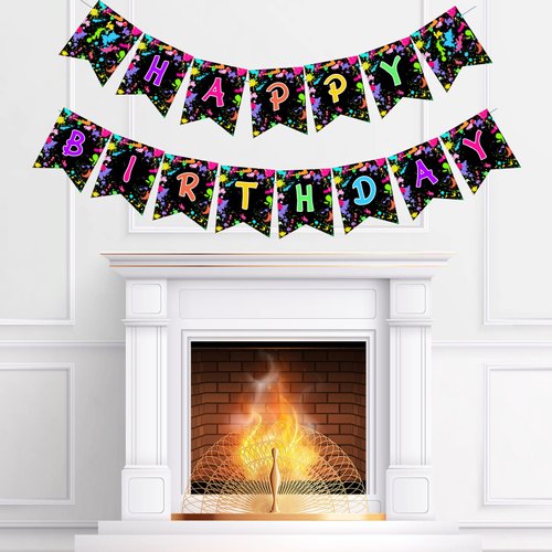 Sursurprise Glow In the Dark Party Banner, Paint Happy Birthday Banner, Colorful Graffiti Splash Party Birthday Decorations, Black Night Glowing Party Supplies