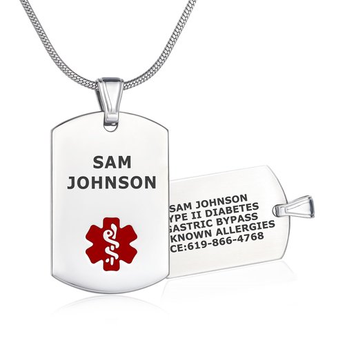 Divoti Deep Custom Laser Engraved Stainless Steel Medical Alert Necklace for Men/Women, Polished Tag Medical ID Necklace, Medical Dog Tag w/Free Engraving- 24 Snake Chain -Red