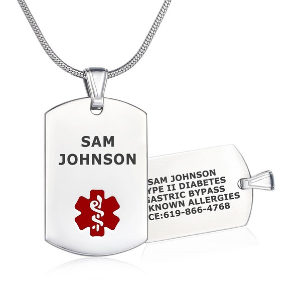 Divoti Deep Custom Laser Engraved Stainless Steel Medical Alert Necklace for Men/Women, Polished Tag Medical ID Necklace, Medical Dog Tag w/Free Engraving- 24 Snake Chain -Red