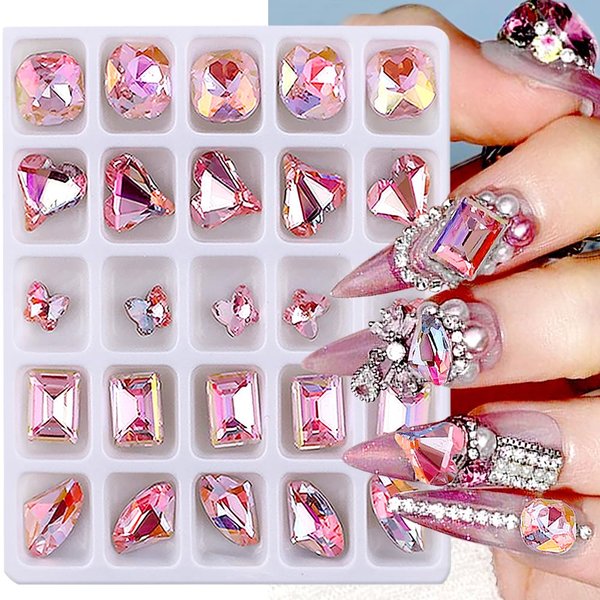 Dornail 25 Pcs Pointed Back Pink Nail Rhinestones Nail Gems,3D Shiny Butterfly Nail Charms Nail Crystals Heart Rectangular Rhinestones Diamonds for Women DIY Craft Jewelry Nail Design Nail Decorations