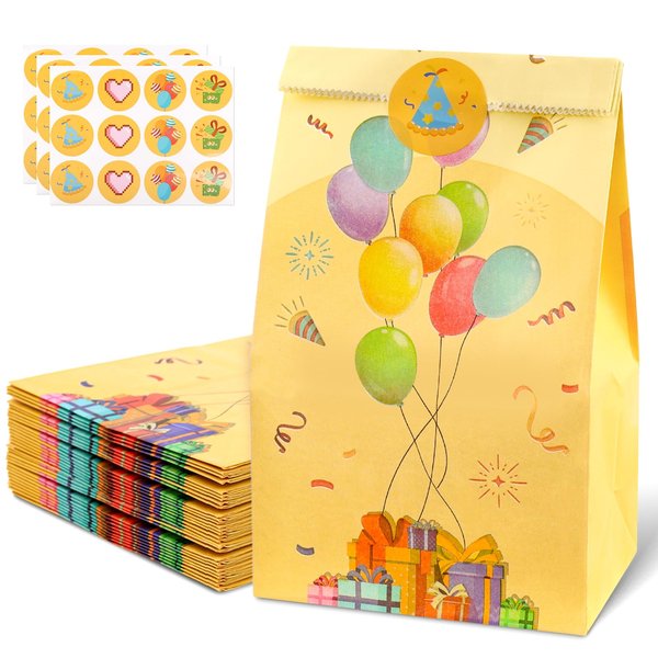 VGOODALL 36PCS Treat Bags, 4.7"x 3.1"x 8.7" Balloon Party Favor Paper Bags with Stickers Paper Gift Bags Candy Bags Goodie Bags for Birthday Party Supplies