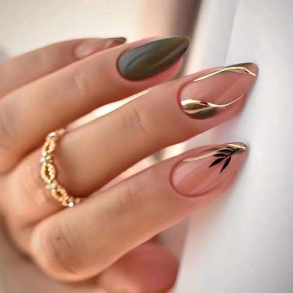 BAOYAALIN Dark Green Press on Nails Short Medium Almond Shaped Fake Nails with Swirl Leaves Design Gel Glue on Nails for Women Girls Acrylic False Stick on Nail Manicure Decorations for Wedding 24Pcs