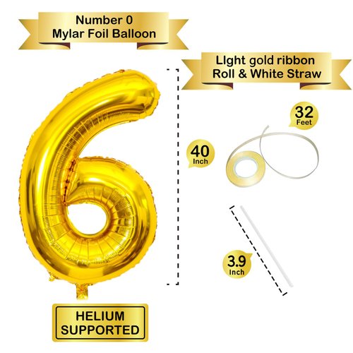 40 Inch Gold Number Balloons, Helium Mylar Foil Number Balloons for Birthday, Number 6 Balloon for 6st Birthday Decorations for Kids, Anniversary Party Decorations Supplies