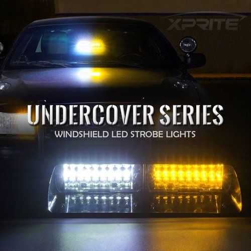 Xprite White Yellow/Amber 16 LED High Intensity Emergency Hazard Warning Strobe Lights w/Suction Cups for Law Enforcement Vehicles Truck Interior Roof Windshield Dash Deck Flashing Light