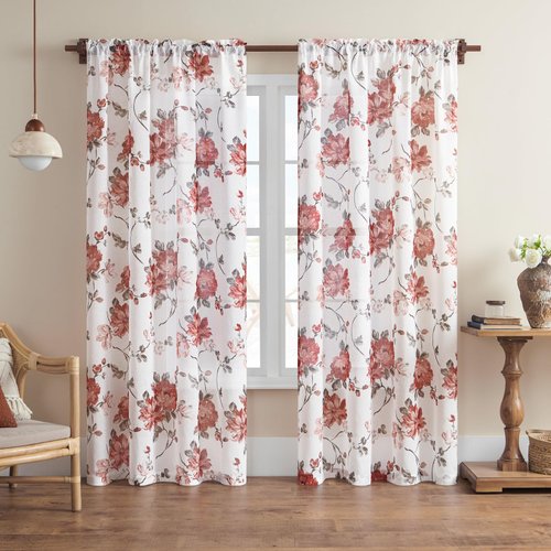 Red Floral Curtains 63 Inch Length 2 Panels Set Semi Sheer Flower Curtains for Living Room Bedroom Slub Textured Fabric Rod Pocket Light Filtering Window Drapes Modern Antique Garden Decor, 52x63