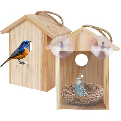 ColorfulLaVie Window Bird House with Strong Suction Cup and Lanyard for Outside - See Through Upgraded Wooden Birdhouse Outdoors,Bird Nest Transparent Design for Easy Observation,Best Gift for Kids