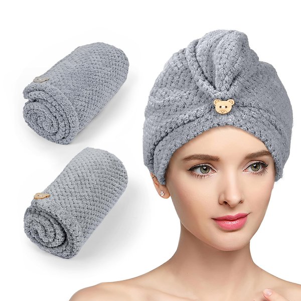 WYZZBP Microfiber Hair Towel Wrap for Women, 2 Pack 10 inch X 26 inch Hair Turban for Wet Hair, Drying Hair Wrap Towels for Curly Hair Women Anti Frizz Grey