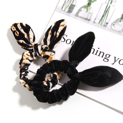 2pcs Elastic Hair Ties Velvet Bunny Ears Hair Ties Leopard Print Solid Scrunchies Thick Ponytail Holder Hair Bands For Women Girl