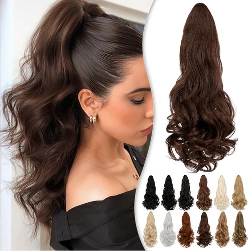Wodelanle Ponytail Extension 18″ Claw Wavy Curly Clip in Ponytail Extension Natural Looking Synthetic Pony Tails Hair Extensions Hairpiece for Women - Medium Brown