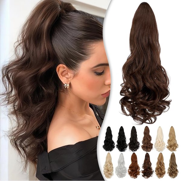 Wodelanle Ponytail Extension 18″ Claw Wavy Curly Clip in Ponytail Extension Natural Looking Synthetic Pony Tails Hair Extensions Hairpiece for Women - Medium Brown