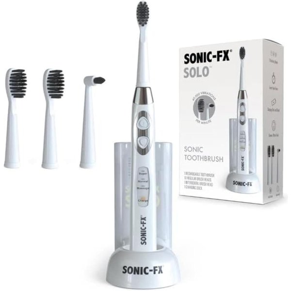 Sonic-FX Solo Sonic 3 Brushing Modes Toothbrush with Smart Timer, Rechargeable Charging Dock | Electric 1 Interdental and 2 Tooth Brush Heads Toothbrush Includes Replacement of Heads, White