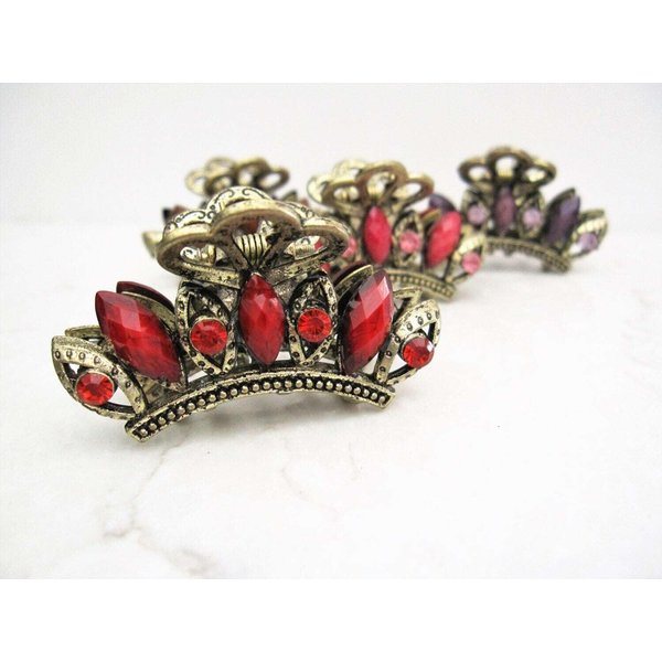 Antique crown style metal hair claw clips with crystals for thin fine hair (Primary color: Pink)