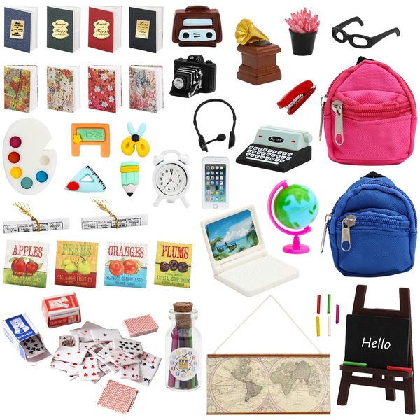 SOTOGO 46 Pieces Doll House School Supplies Mini School Accessories Dollhouse Toy Home Miniature Model DIY Doll Accessories