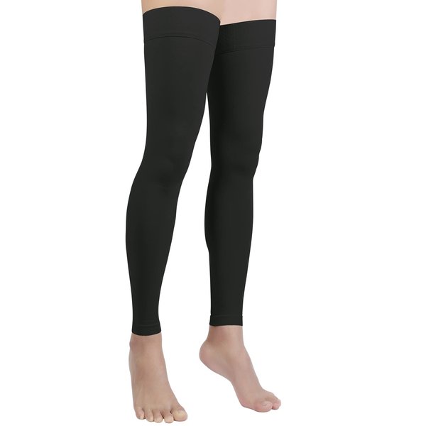 Thigh High Compression Stocking Footless - Pair, Thigh-Hi Leg Compression Sleeves Unisex, 20-30mmHg Gradient Compression with Silicone Band, Opaque, Best for Varicose Veins, Edema, Swelling, Black XXL