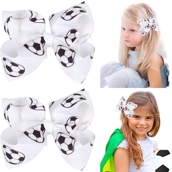 2 Pieces 4" Soccer Hair Bows Hair Clips, Sports Hair Bow, Soccer Grosgrain Ribbon Bow Hair Accessories for Girl Player School Team Football Birthday Party (White)