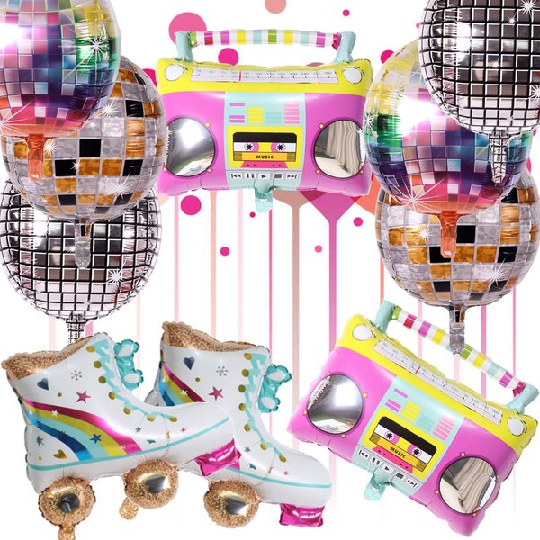 Timisea 10 PCS Rainbow Roller Skate Balloons Boom Box Balloon,22 Inch Round Color Foil Balloons, 4D Laser Disco Foil Balloons 80s 90s Retro Theme Hip Hop Disco Fever Birthday Party Balloon Decor