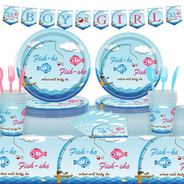 Muitcdo Gender Reveal Decorations Boy or Girl Party Supplies Gone Fishing Themed Little Fisherman Baby Shower Ofishally One Tableware Set with Plates Napkins Cups Tablecloth Banner Fork (Serves 24)