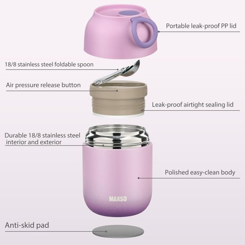 MAXSO Soup Thermo for Hot Food, 17 oz Lunch Container Vacuum Insulated Bento Box with Spoon for Adults Kids, Leakproof Wide Mouth Thermal Food Jar - Purple