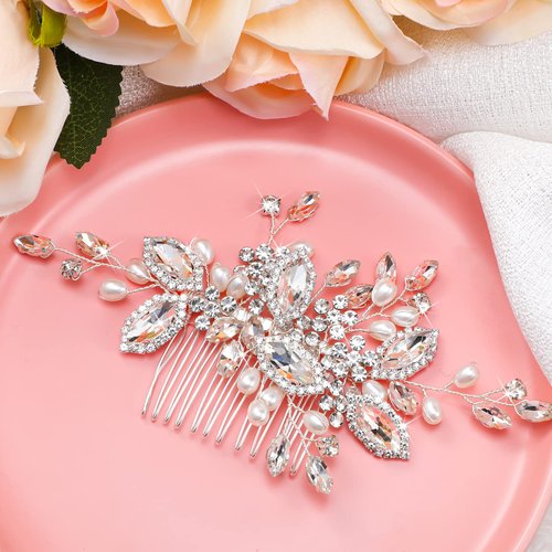 5 Pieces Crystal Bride Wedding Hair Comb Silver Bridal Hair Pieces Pearl Rhinestone Bridal Hair Clip Flower Hair Side Combs Wedding Hair Accessories for Brides Women Girls