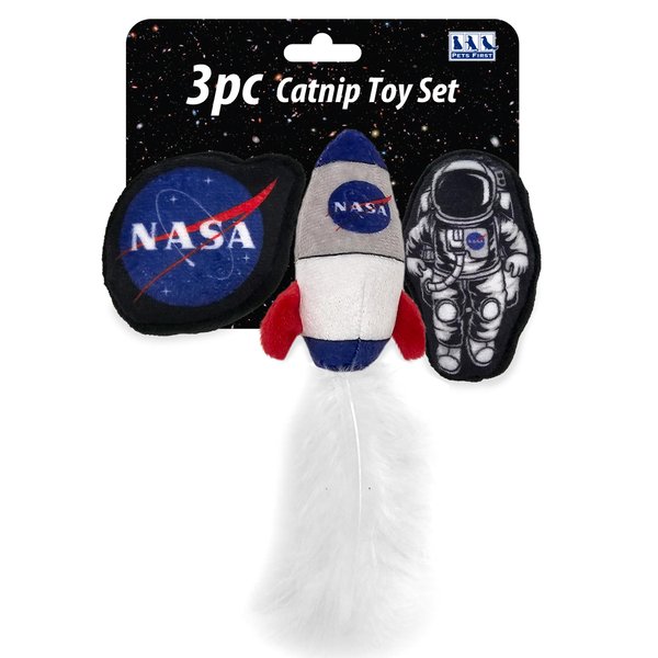 BEST PLUSH CAT TOYS - NASA Complete Set of 3 Cat Toys filled with Fresh Catnip. Includes: 1 Astronaut Shaped Toy, 1 Rocketship Toy with Feathers, & 1 Planet Shaped Toy. Beautiful NASA LOGOS