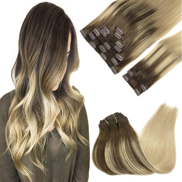GOO GOO Clip in Hair Extensions Real Human Hair, 14inch 150g 9Pcs, 4/18 Balayage Chocolate Brown Highlighted Dirty Blonde, Remy Human Hair Extensions Clip ins for Women, Natural Human Hair