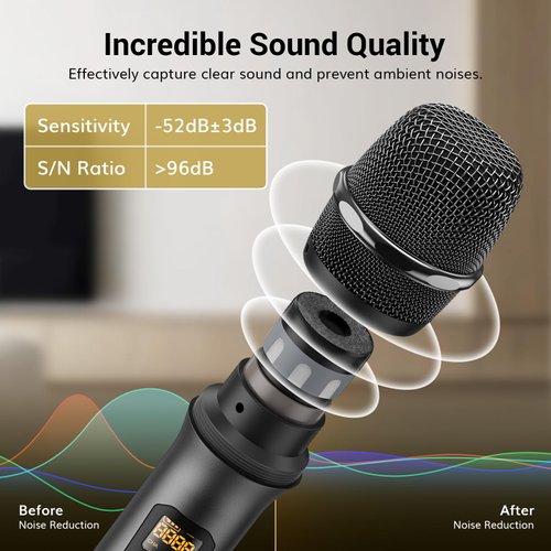 TONOR Wireless Microphone, UHF Metal Cordless Handheld Mic System with Rechargeable Receiver, for Karaoke, Singing, Party, Wedding, DJ, Speech, 200ft (TW620), Black