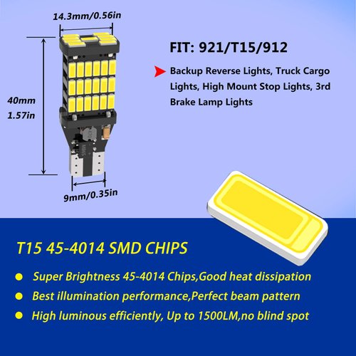 4PCS Super Bright 921 T15 912 W16W LED Reverse Lights, Error Free 904 Led 921 Bulbs 45SMD-4014 Chipsets, Newest 912 921 906 LED Car Bulbs For Car Truck Backup Reverse Lights, 1500 Lumens 6500K White