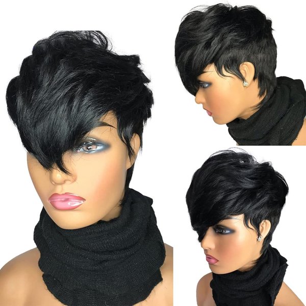 Voilny Short Pixie Cut Wig Human Hair with Bangs Bob Wig Human Hair None Lace Front Wig for Black Women Glueless Full Machine Made Wig (8 Inch 130% Density)