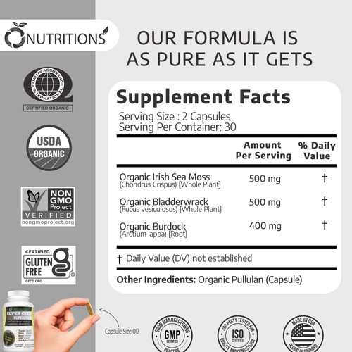 O NUTRITIONS Certified Organic Sea Moss, Super Cell Superfood Made with Organic Irish Sea Moss, Bladderwrack and Burdock Root, Wildcrafted Sea Moss Capsules, Vegan Seamoss Pill