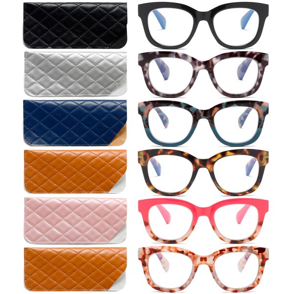 ZXYOO Oversized Reading Glasses for Women,6 Pack Blue Light Blocking Computer Readers Spring hinge（6 pack Mix C2+1.50）