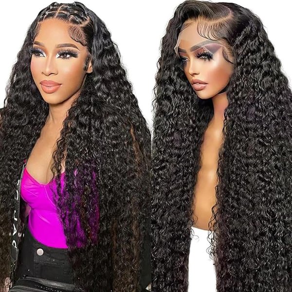 Espive 28 Inch 13x4 Deep Wave Lace Front Wigs Human Hair 180 Density Deep Curly Lace Front Wigs Human Hair Glueless Transparent Lace Frontal Wig for Women Pre Plucked with Baby Hair Natural Black