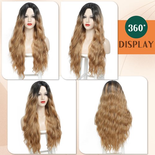 GOWIT Ombre Honey Blonde Wigs for Women 30 Inch Long Wavy Wig Glueless Middle Part Curly Wavy Wigs Natural Looking Heat Resistant Synthetic Wig for Halloween Christmas Daily Cosplay Party Use