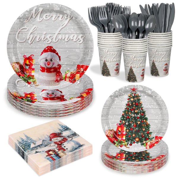168 Pcs Christmas Paper Plates and Napkins Sets Snowman Christmas tree Disposable Dinner Tableware Set With 7" Plates, 9" Plates, Napkins,Cups & Knife & Fork &Spoon Party Supplies Serve 24 Guests