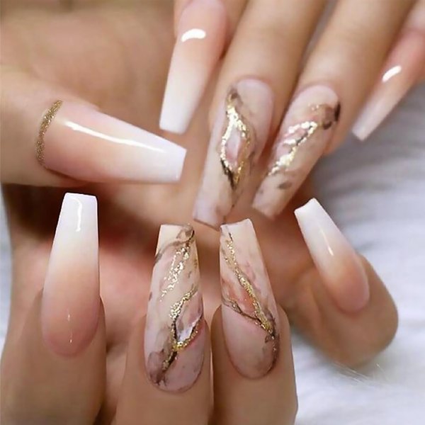 Tyuimhx Ombre Press on Nails Coffin Long Fake Nails Nude White Gradient False Nails With Marble Texture Gold Glitter Line Designs Full Cover Stick on Nails Acrylic Artificial Nails for Women 24Pcs